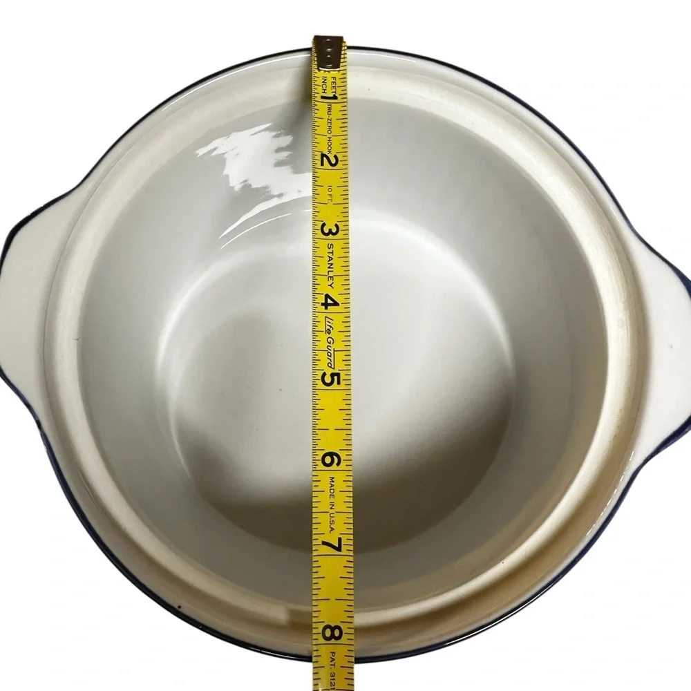 BIA Blanc De Table Casserole Dish With Lid Round White Blue Ribbed 8.5”x 4.5”